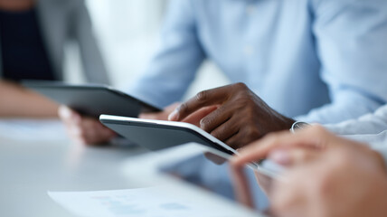 Business team using digital tablet for risk analysis, collaboration, and data review in modern office environment, focused and professional