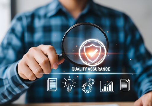 Man inspects quality assurance shield icon through magnifying glass with business icons - Powered by Adobe