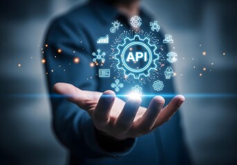 Person holding a glowing digital interface with api and interconnected icons representing technology