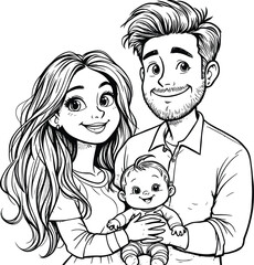 Family Portrait Vector Illustration – Black and White Line Art of Smiling Baby with Parents in Casual, Loving Pose