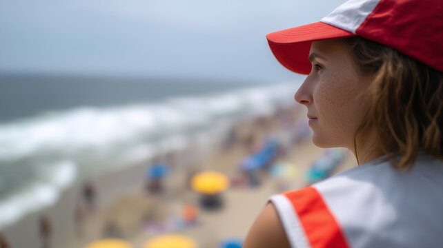 Lifeguard woman wearing red and white cap overlooking crowded beach with ocean waves, summer safety, focused expression - Powered by Adobe