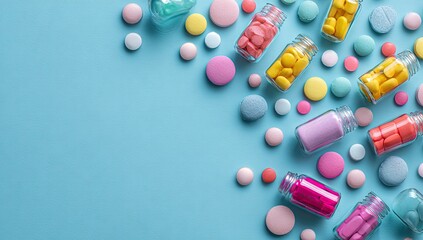 Colorful pills and small glass bottles arranged on a light blue surface