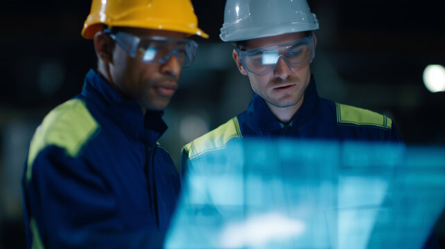 Engineers holographic display safety helmet protective glasses uniform teamwork technology industrial futuristic planning