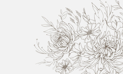 Floral bakground or wallpaper with bouquet of chrysanthemum and various flowers. Botanical foliage for wedding invitation or wall art. Vector illustration. Luxury