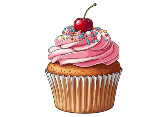 Delicious cupcake with pink frosting, cherry, and sprinkles perfect for dessert, celebrations, and events in png transparent background