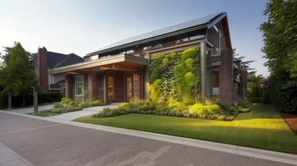 Naklejka premium Modern house with sloping roofline, large glass windows, living green wall, manicured lawns, and spacious driveway,