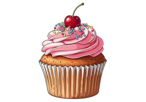 Delicious cupcake with pink frosting, cherry, and sprinkles perfect for dessert, celebrations, and events in png transparent background