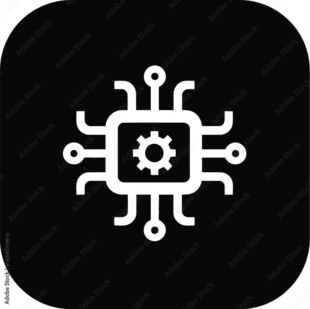 Poster illustration of a white circuit board with a gear inside on a black rounded square background design