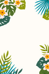Vertical summer backdrop with tropical leaves, exotic white flowers and copy space. Flat vector illustration. Ideal for poster, card, invitation, ads, cover, frame