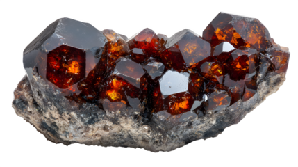 Spessartine Garnet in Smoky Quartz, vibrant orange crystals within dark quartz, raw specimen, isolated on Transparent background