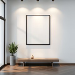 Minimalist interior scene with a large empty framed picture hanging on a white wall above a bench
