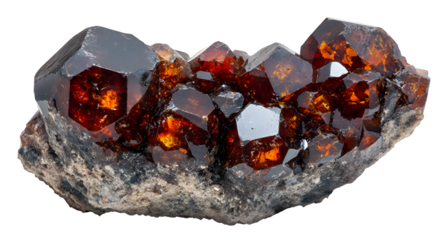 Spessartine Garnet in Smoky Quartz, vibrant orange crystals within dark quartz, raw specimen, isolated on Transparent background
