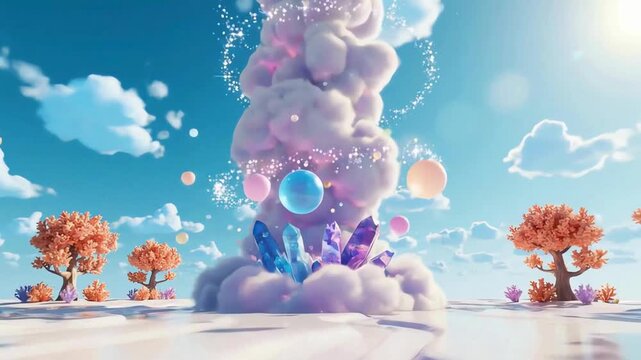 Pastel Fantasy Cloud Column with Crystals and Orbs, Ultra-Wide Cinematic - AI Generated