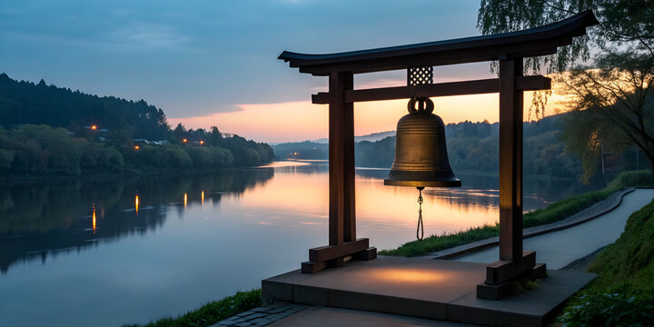 Temple bell glowing by riverside with aura Good Evening