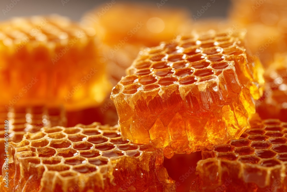 Poster close-up view of fresh honeycomb pieces reveals the intricate hexagonal structure and golden color. 
