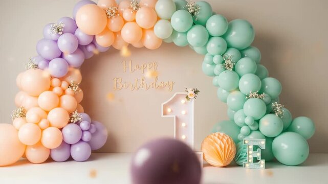 A pastel-colored balloon arch frames a wall with "Happy Birthday" script. A lit-up number "1" is in front, with an orange honeycomb