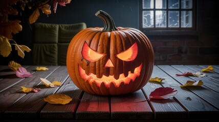 Spooky carved Jack-o'-lantern with glowing eyes sits on a wooden table surrounded by autumn leaves, evoking Halloween's eerie charm and festive spirit.