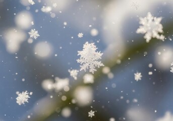 Close Up Snowflakes Falling on Blurred Winter Background