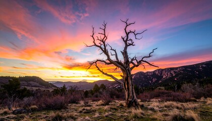 Sunset over barren tree
