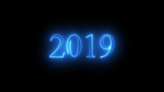 2019 neon line text. Abstract 2019 neon text animation, Glowing neon number text background 4k video animation . black background and blue color text...