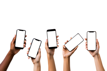 Multiple hands holding smartphones with blank screens isolated on white isolated on transparent background