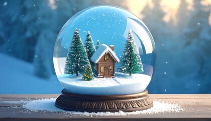 A charming snow globe showcases a cozy winter scene with a small wooden house nestled among snow-covered fir trees.