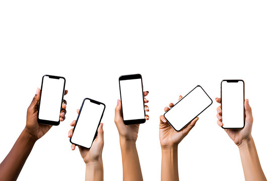Multiple hands holding smartphones with blank screens isolated on white isolated on transparent background