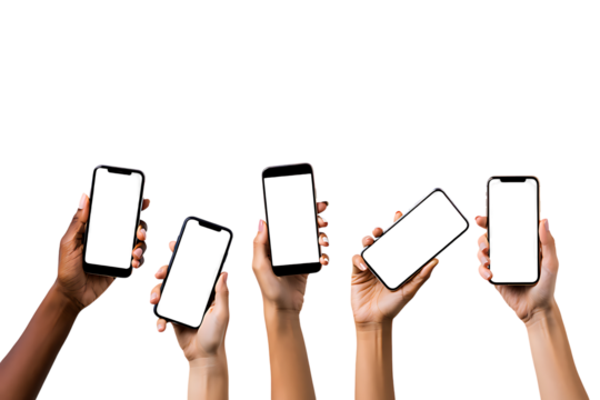 Multiple hands holding smartphones with blank screens isolated on white isolated on transparent background