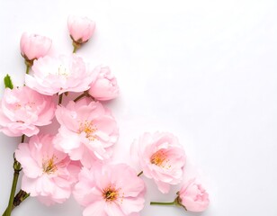 Delicate pink blossoms arranged on white background