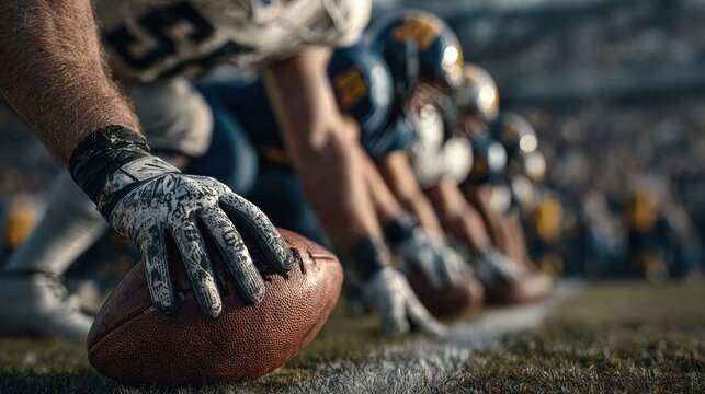 American football athletes prepare for the start of the game on the field, representing competitiveness and collaboration. Concept of steadfast commitment combined with tactical gameplay.