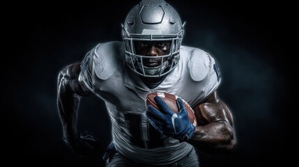 Naklejka premium Focused American football player runs with a ball on a dark background, concept of athletic determination.