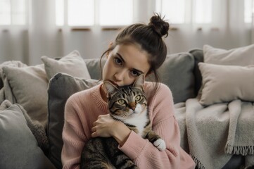 Obraz premium A woman in a cozy living room holding a tabby cat close to her chest.