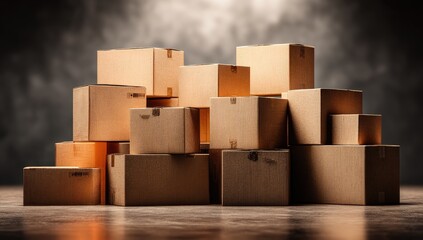 Cardboard boxes stacked in a pile.  Various sizes