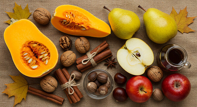 Flat lay of seasonal autumn harvest food on rustic burlap fabric. Pumpkin wedges, butternut squash, apples, pears, walnuts, chestnuts, cinnamon sticks, nutmeg, and maple syrup jar. Warm autumnal tones