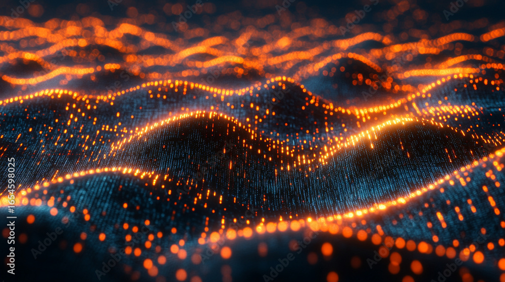 Poster 3d waves of digital information flowing in abstract motion. futuristic data flow background concept 