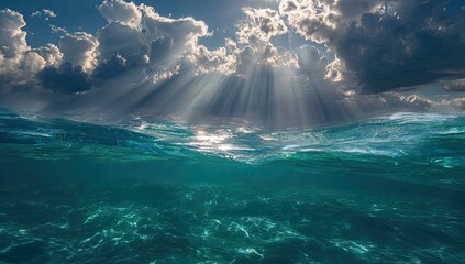 Sunlight piercing through dramatic clouds over turquoise water