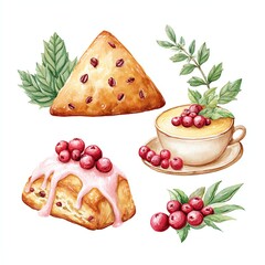 Watercolor Cranberry Scones and Tea A Cozy Autumn Treat