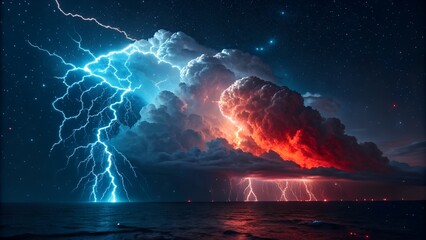 Dramatic lightning bolts illuminate fiery red and electric blue clouds above a dark ocean at night.