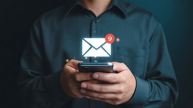 Person in dark shirt holding smartphone with email notification icon mobile phone message