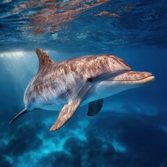 Naklejka premium Graceful Dolphin Swimming in Clear Blue Ocean Underwater Scene