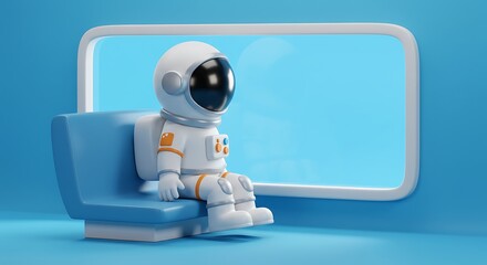 3d cartoon illustration, astronaut sitting on bus seat, gazing out window, clear blue sky visible outside, copy space on left. ,isolated on bright background