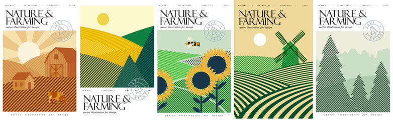 Naklejka na ściany i meble Nature, agriculture and farming. Vector geometric abstract illustration of countryside, barn, fields, sunflowers, windmill, mill, landscape, farm for village poster, cover or rural background