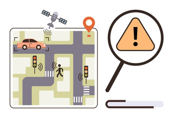 Satellite tracking car on digital map, pedestrian using smart crosswalk, hazard warning through magnified alert. Ideal for traffic safety, smart cities, road planning, navigation, urban design, risk