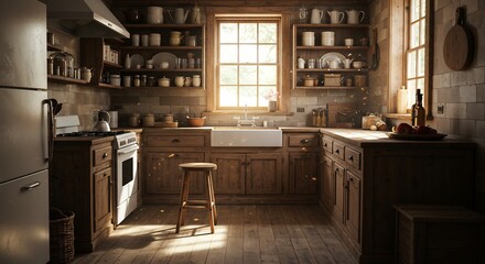 温かい木造キッチン 陽光差し込む静かな空間 素朴な魅力. AI Generated