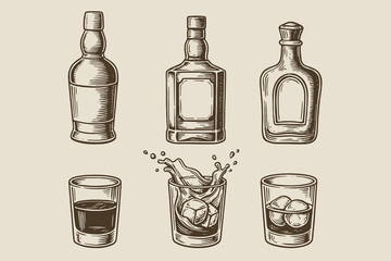 Whiskey bottles and glasses engraving vintage style vector illustration