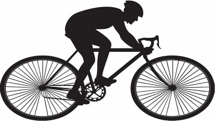 Fototapeta premium Silhouette of a cyclist wearing a helmet riding a bicycle with spoked wheels on a white background image