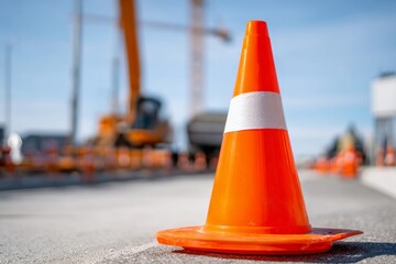 Bright orange traffic cone is positioned on the ground to signal construction activity. Heavy machinery and workers can be seen in the background, indicating ongoing work