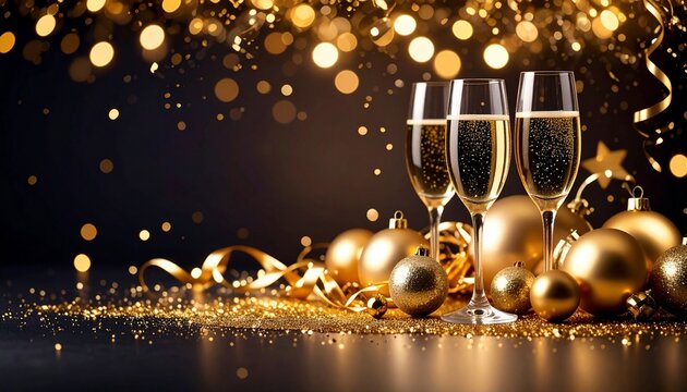 Golden Celebration: Champagne Toast with Ornament and Bokeh for Festive Events