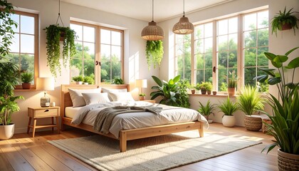 Sunny bedroom with plants