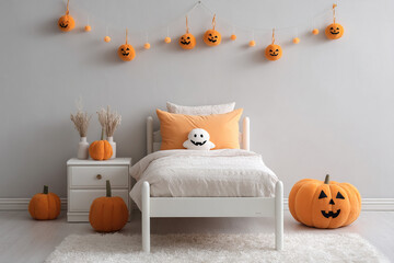 Festive Halloween bedroom decor featuring pumpkin accents and a cozy atmosphere for a child's room, ready for spooky season.